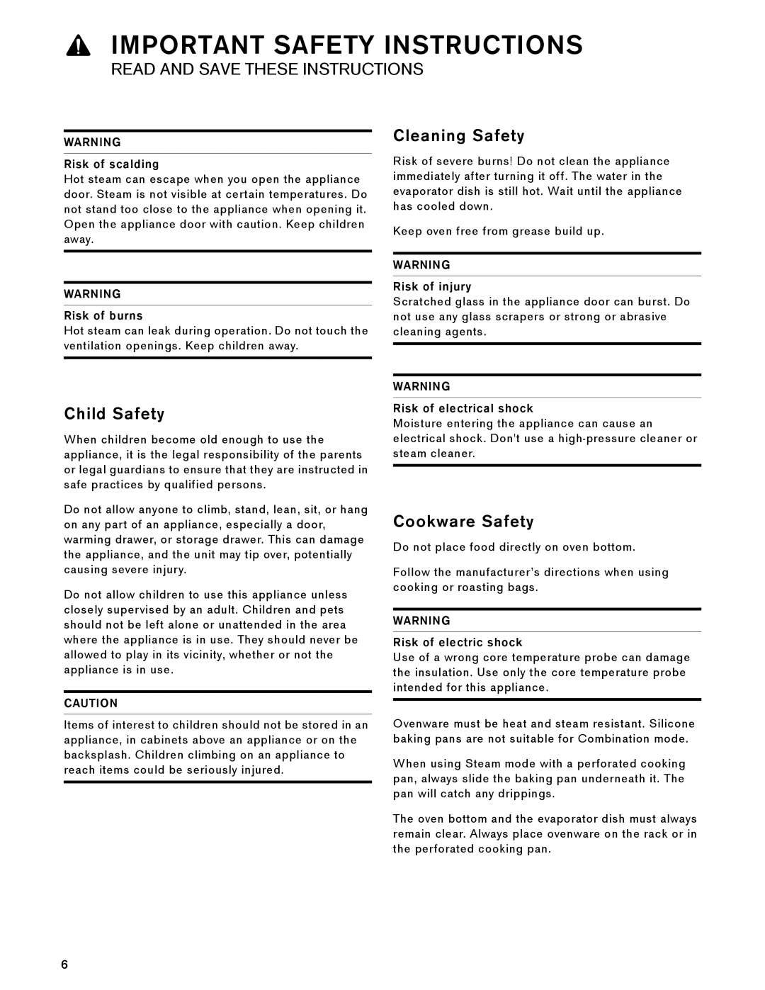 Gaggenau BS 484/485 610, BS 474/475 610 manual Child Safety, Cleaning Safety, Cookware Safety 