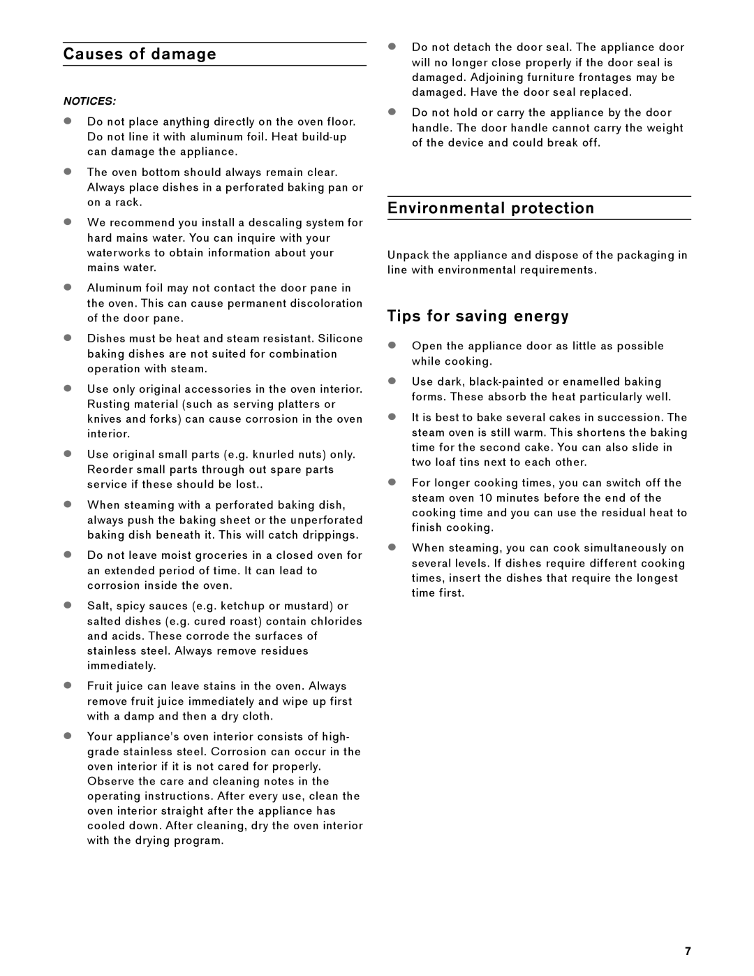 Gaggenau BS 474/475 610, BS 484/485 610 manual Causes of damage, Environmental protection, Tips for saving energy 