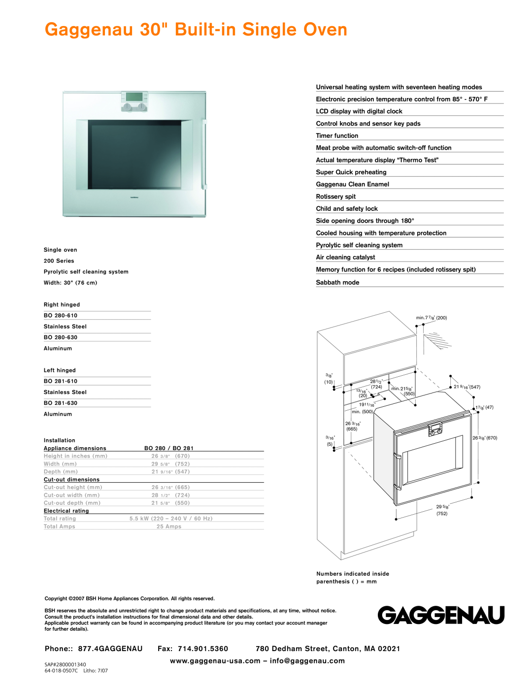 Gaggenau Built-in Single Oven dimensions Gaggenau 30 Built-inSingle Oven, Phone, 877 . 4GAGGENAU Fax 