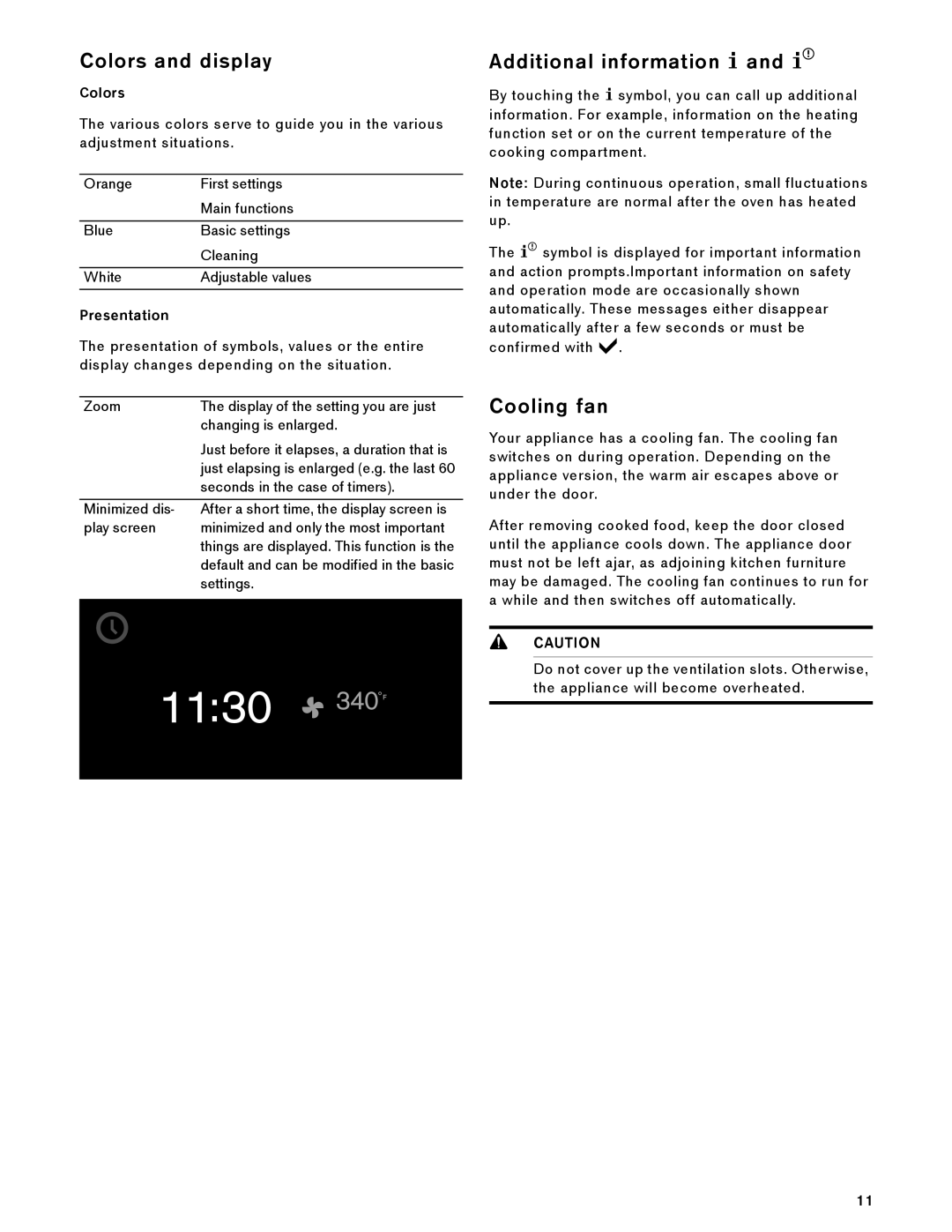 Gaggenau BX 480/481 610 manual Colors and display, Additional information, Cooling fan, Presentation 