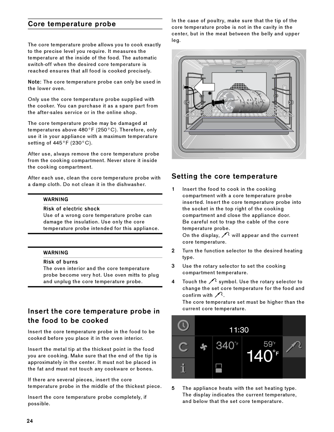 Gaggenau BX 480/481 610 Core temperature probe, Insert the core temperature probe in the food to be cooked, Risk of burns 