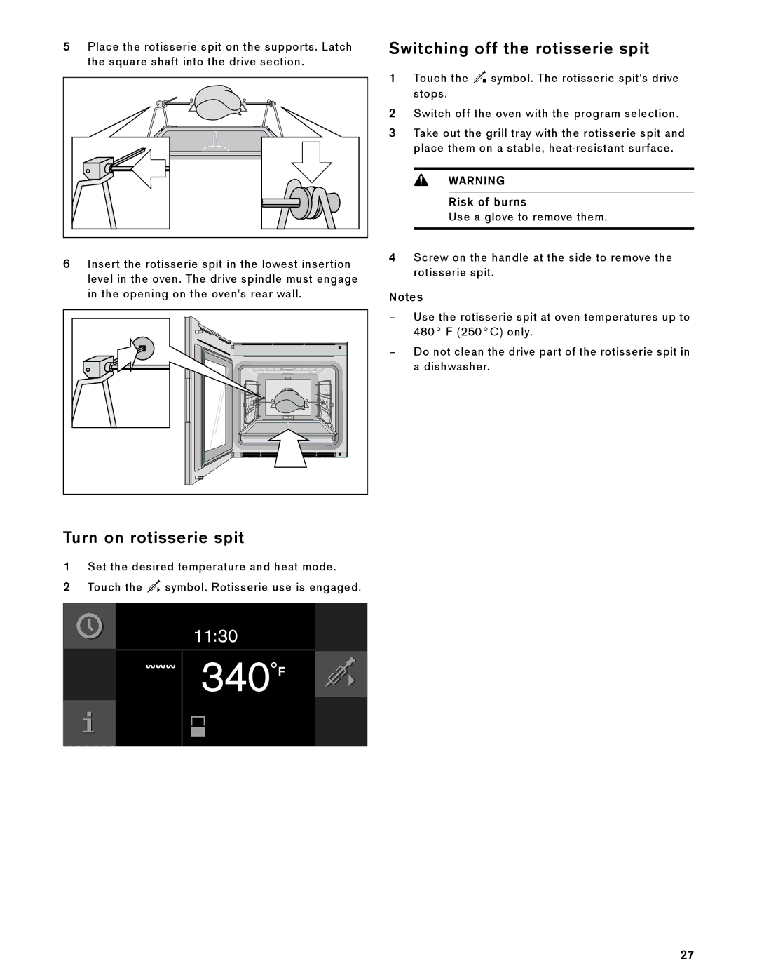 Gaggenau BX 480/481 610 manual Switching off the rotisserie spit, Turn on rotisserie spit 