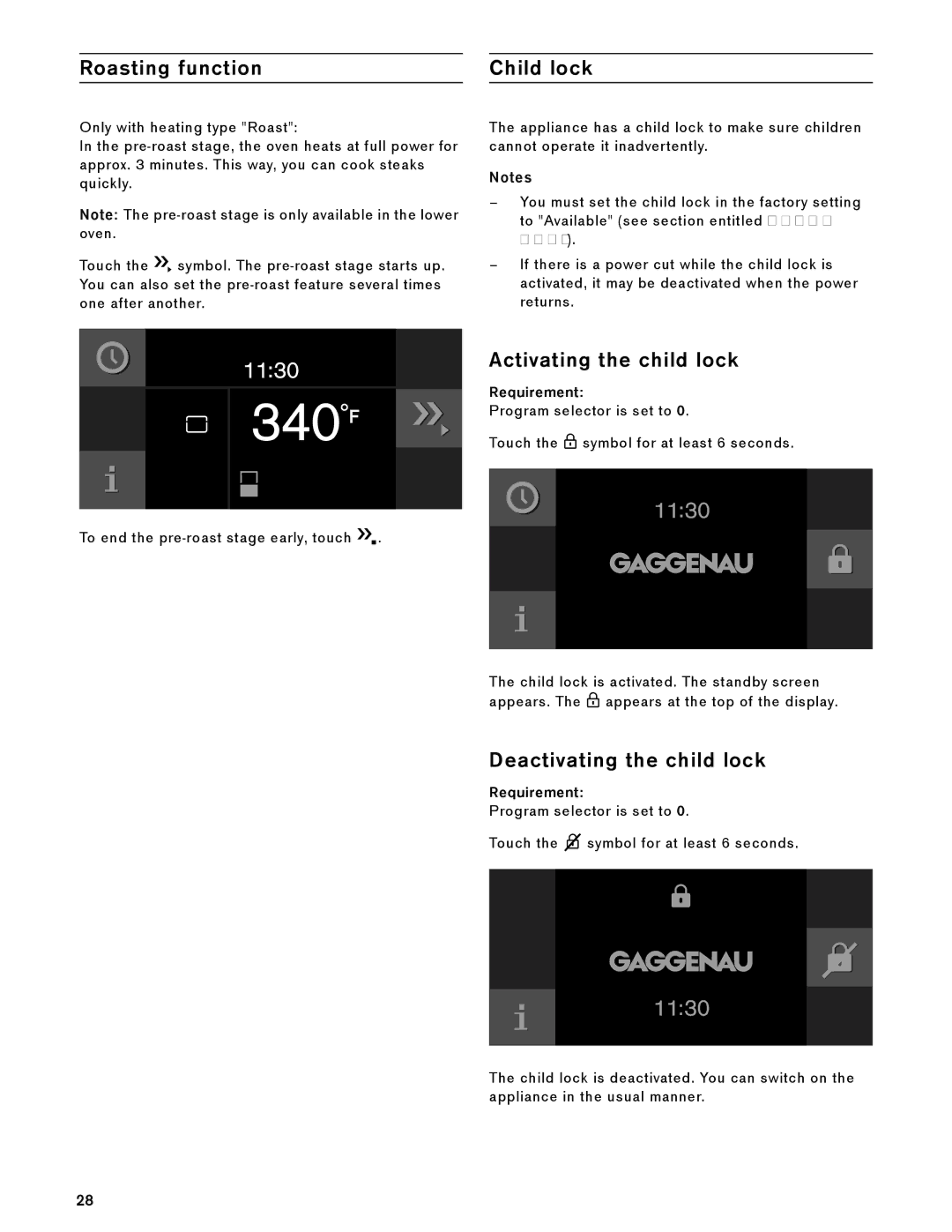 Gaggenau BX 480/481 610 Roasting function Child lock, Activating the child lock, Deactivating the child lock, Requirement 