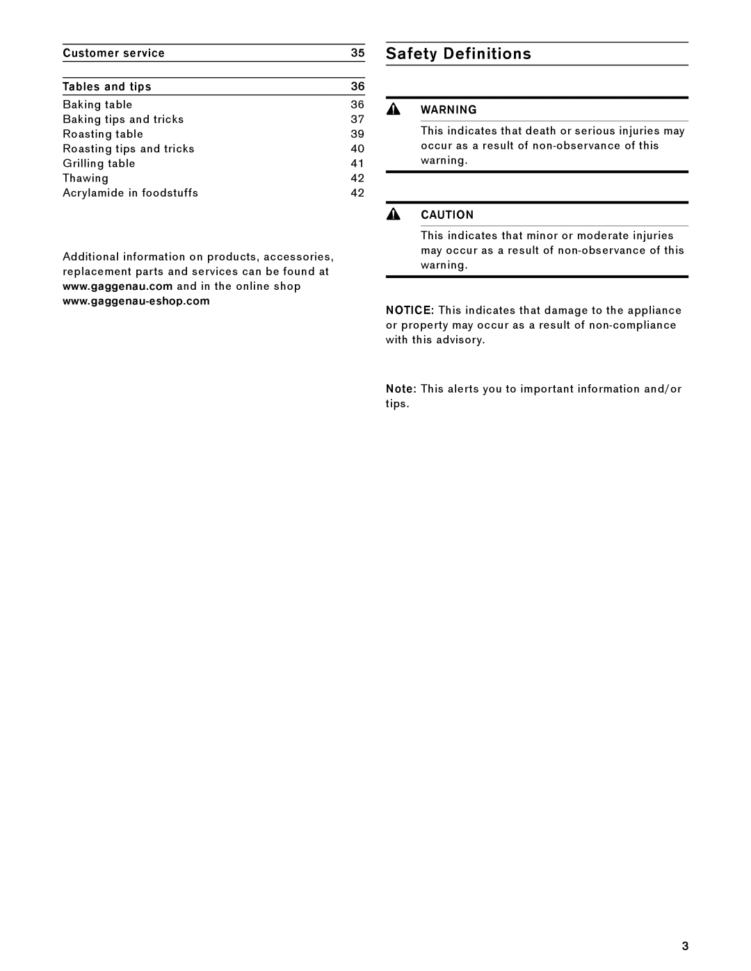 Gaggenau BX 480/481 610 manual Safety Definitions, Customer service Tables and tips 