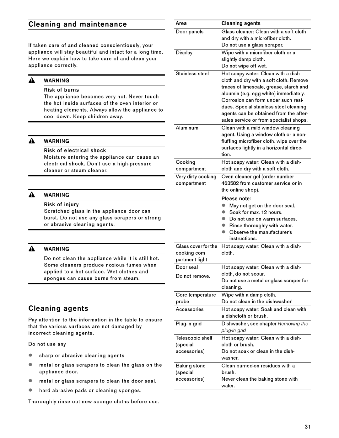 Gaggenau BX 480/481 610 manual Cleaning and maintenance, Cleaning agents 