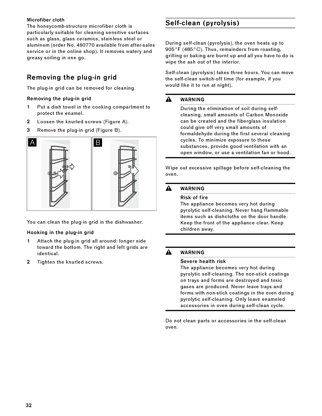 Gaggenau BX 480/481 610 manual Removing the plug-in grid, Self-clean pyrolysis 