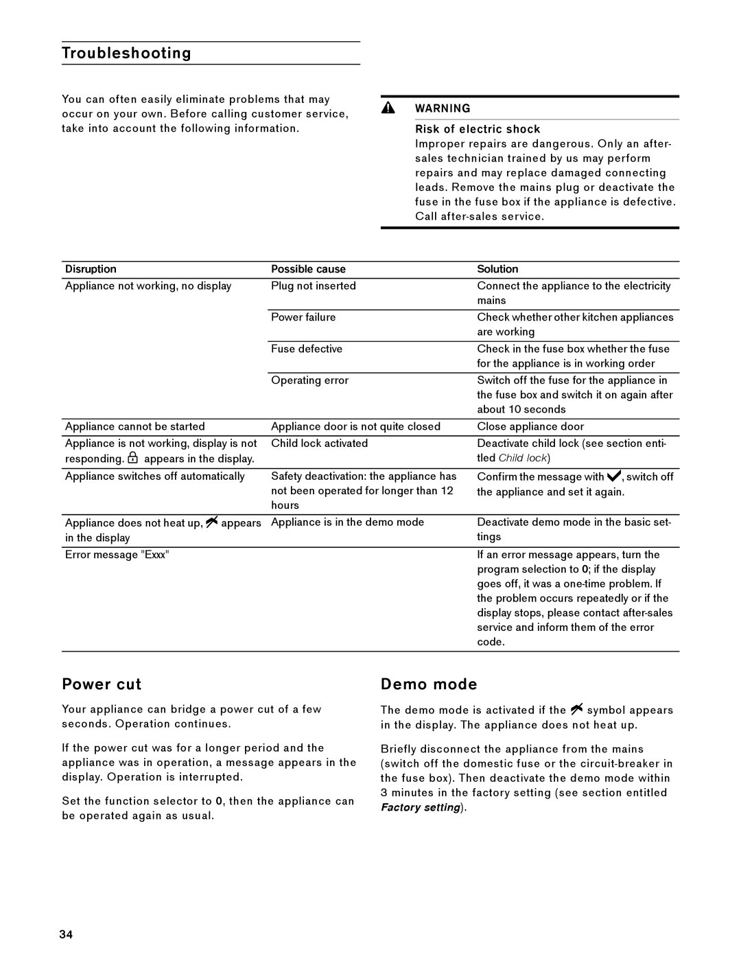 Gaggenau BX 480/481 610 manual Troubleshooting, Power cut, Demo mode, Disruption Possible cause Solution 