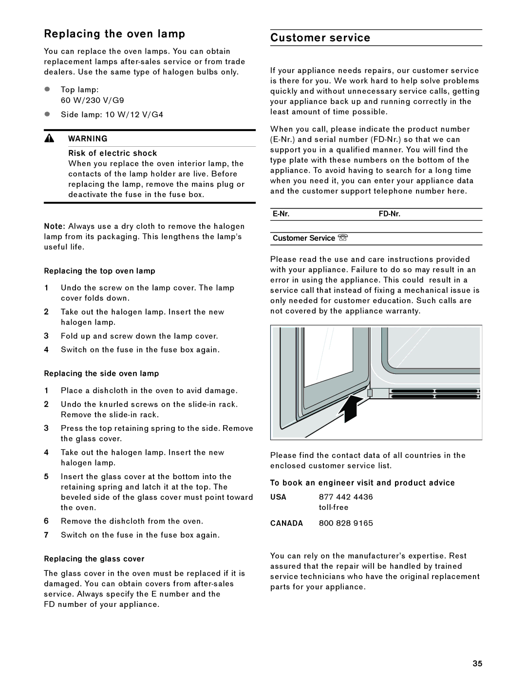 Gaggenau BX 480/481 610 manual Replacing the oven lamp, Customer service 