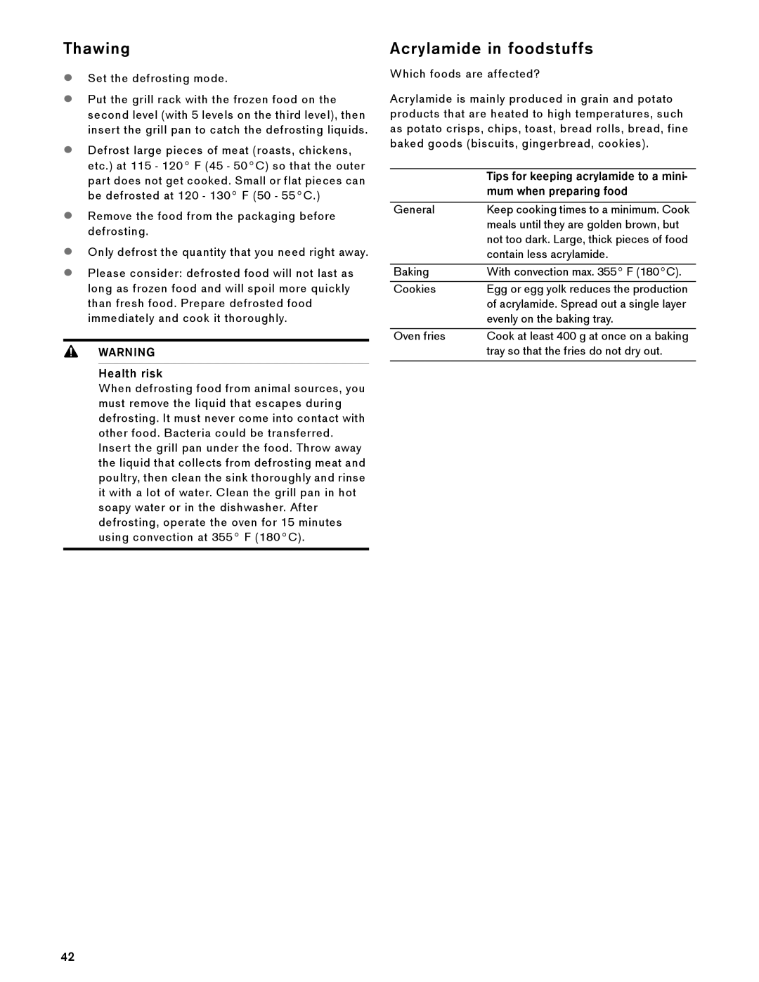 Gaggenau BX 480/481 610 manual Thawing, Acrylamide in foodstuffs, Health risk, Mum when preparing food 