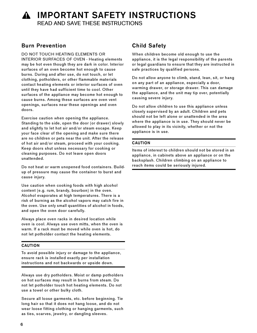 Gaggenau BX 480/481 610 manual Burn Prevention, Child Safety 