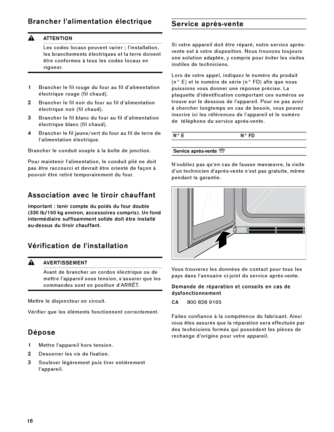 Gaggenau BX 481 610 Brancher lalimentation électrique, Service après-vente, Association avec le tiroir chauffant, Dépose 