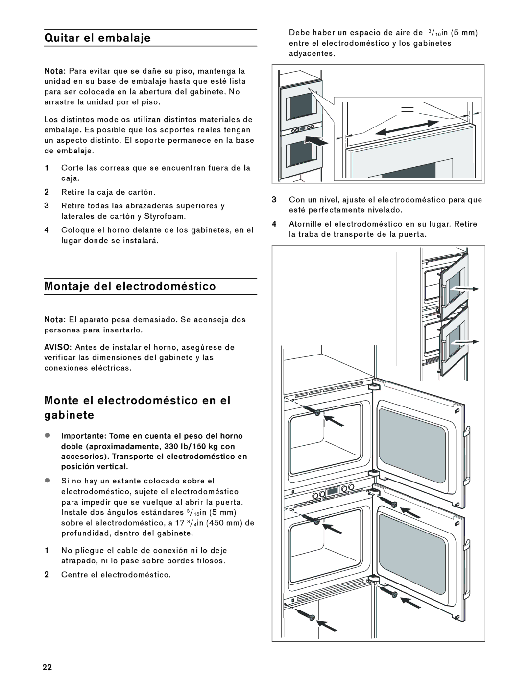 Gaggenau BX 481 610, BX 480 610 Quitar el embalaje, Montaje del electrodoméstico, Monte el electrodoméstico en el gabinete 