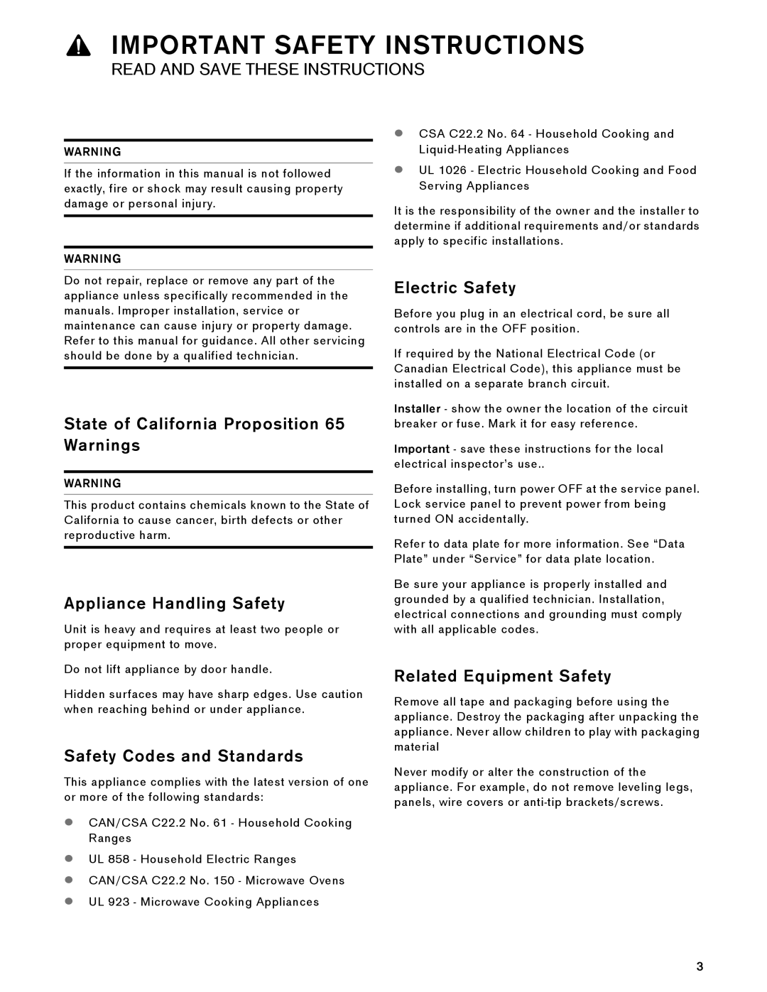 Gaggenau BX 480 610 State of California Proposition 65 Warnings, Appliance Handling Safety, Safety Codes and Standards 