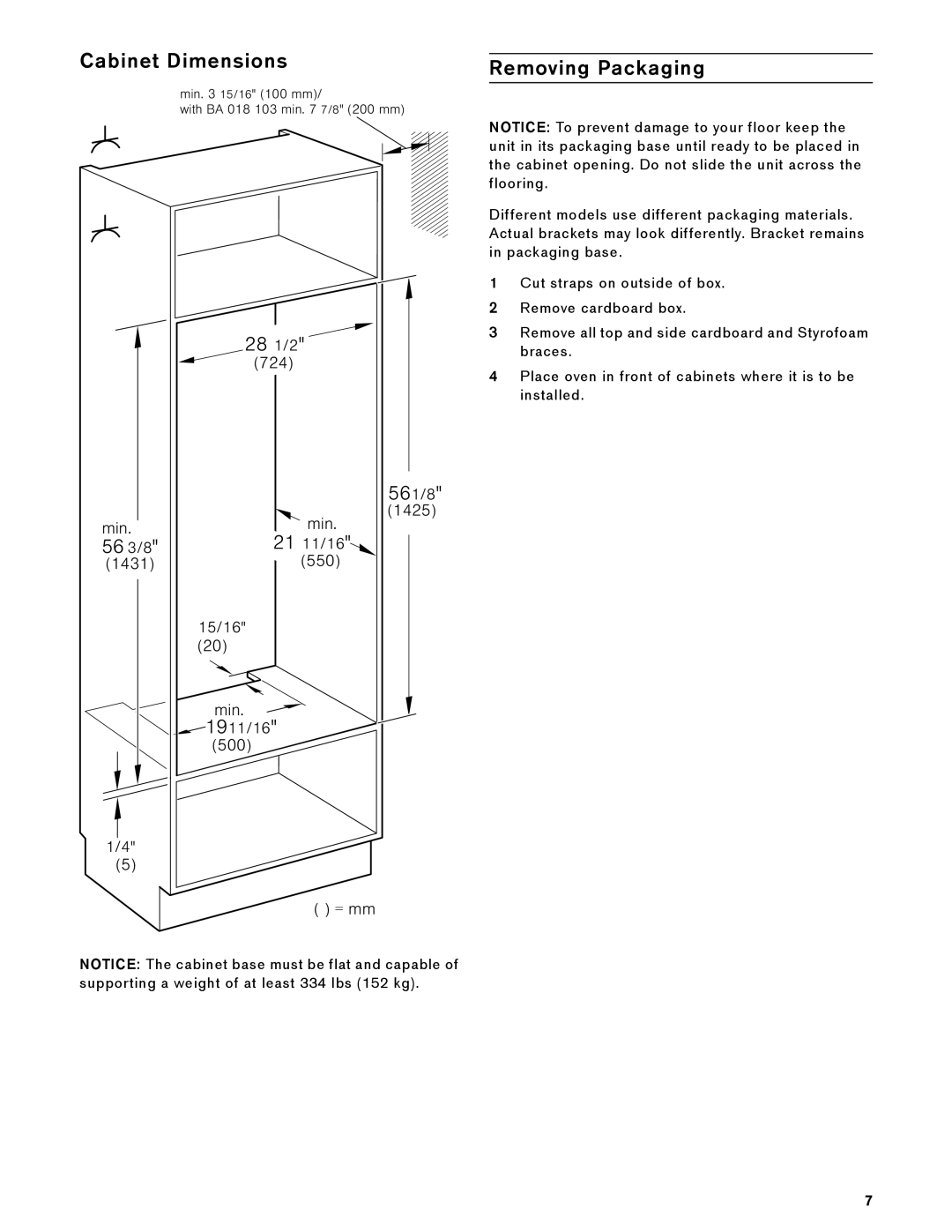 Gaggenau BX 480 610, BX 481 610 manual Cabinet Dimensions, Removing Packaging 