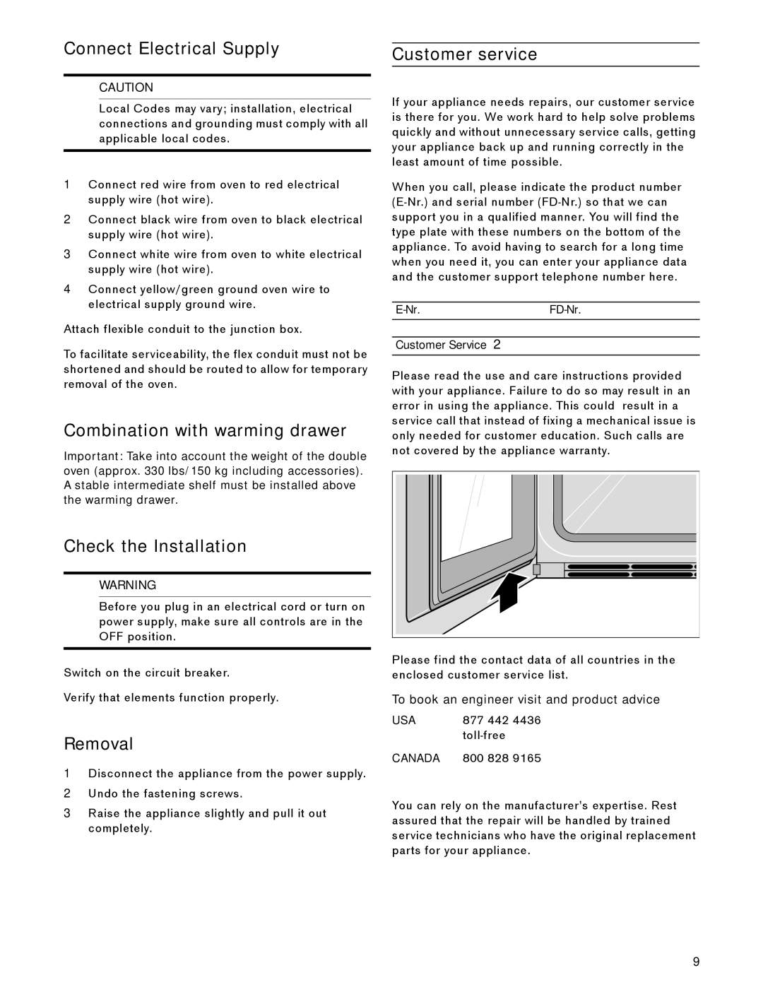 Gaggenau BX 480 610 manual Connect Electrical Supply, Combination with warming drawer, Check the Installation, Removal 