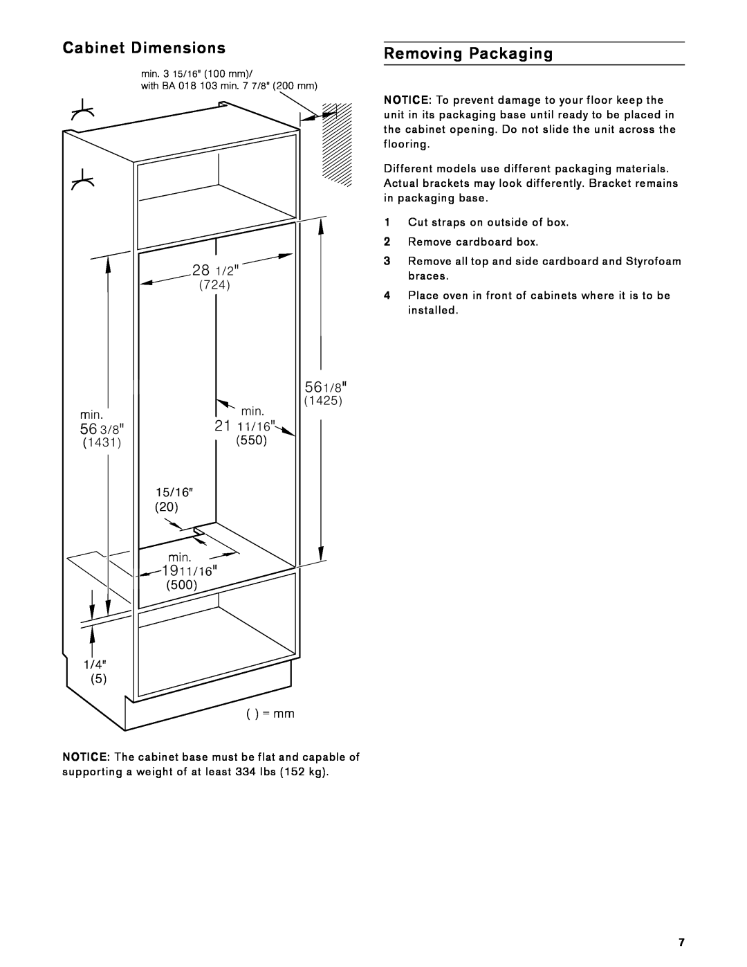 Gaggenau BX 480 610, BX 481 610 manual Cabinet Dimensions, Removing Packaging, , ,   