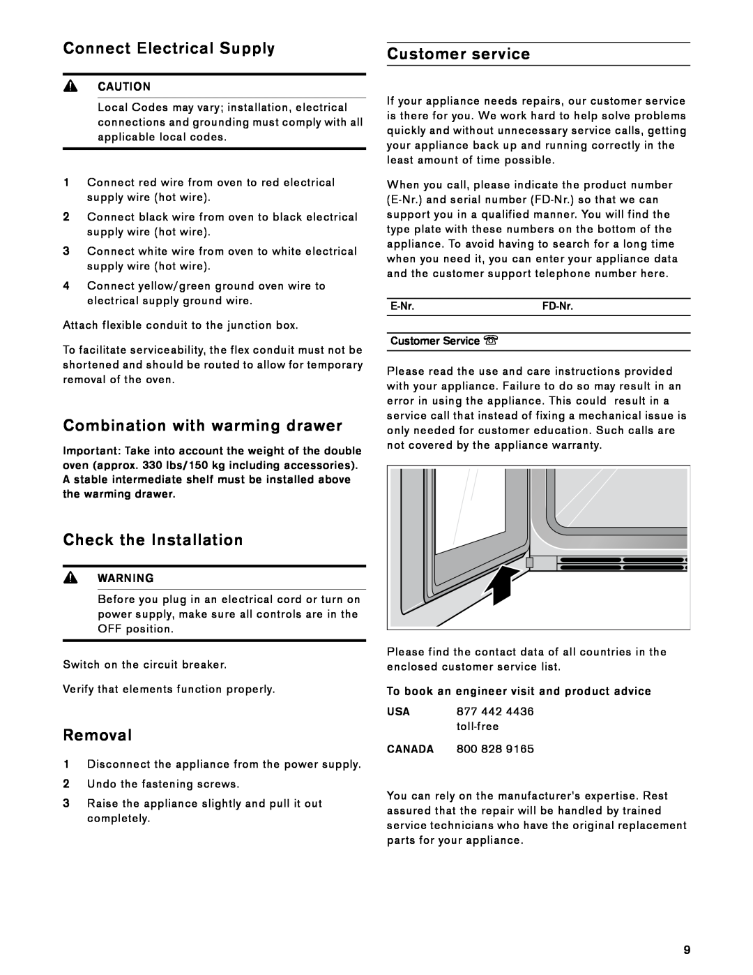 Gaggenau BX 480 610 Connect Electrical Supply, Combination with warming drawer, Check the Installation, Removal, 9CAUTION 