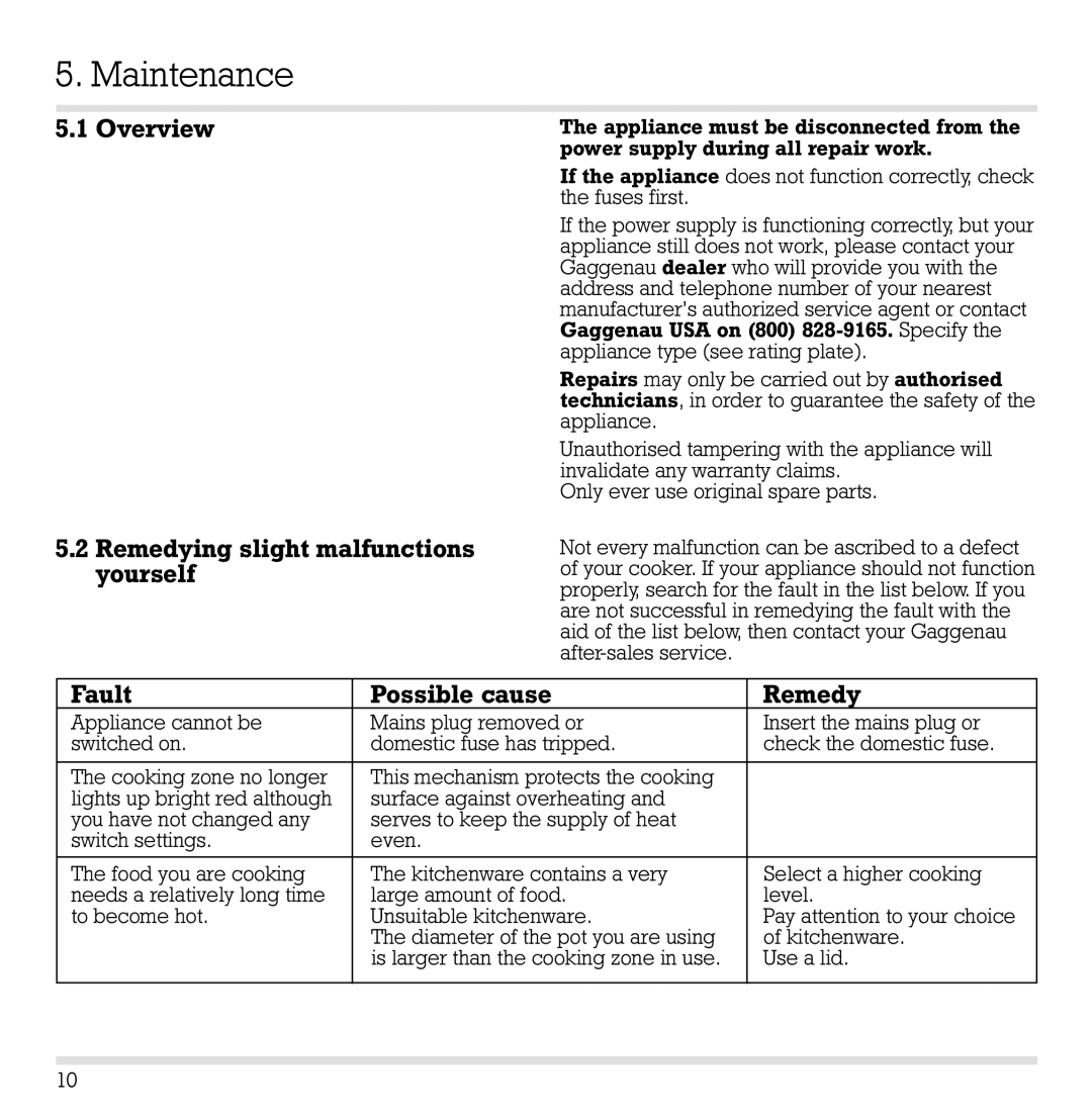 Gaggenau CK 260-604 manual Maintenance, Overview Remedying slight malfunctions yourself, Fault Possible cause Remedy 