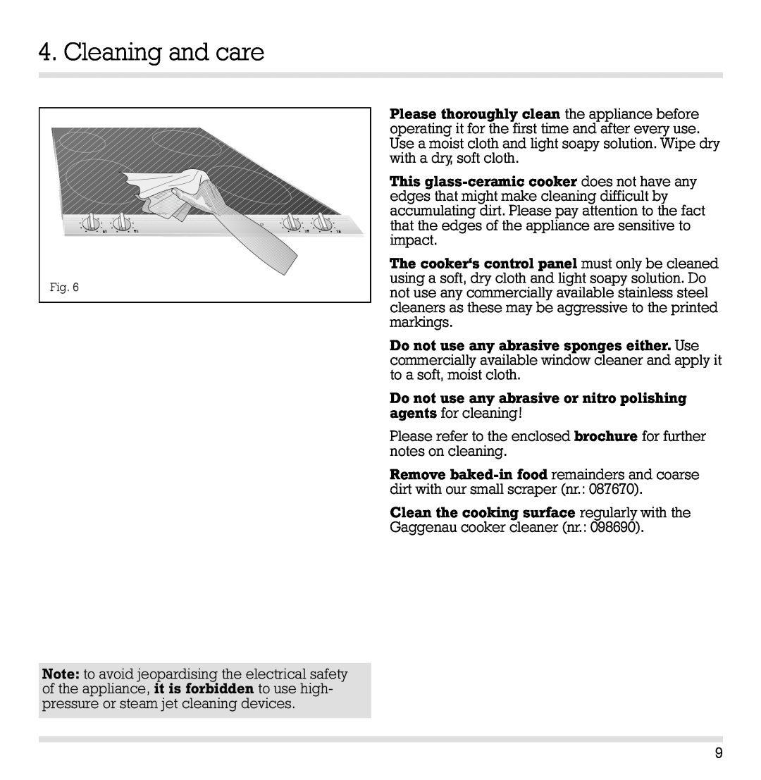 Gaggenau CK 260-604 manual Cleaning and care 