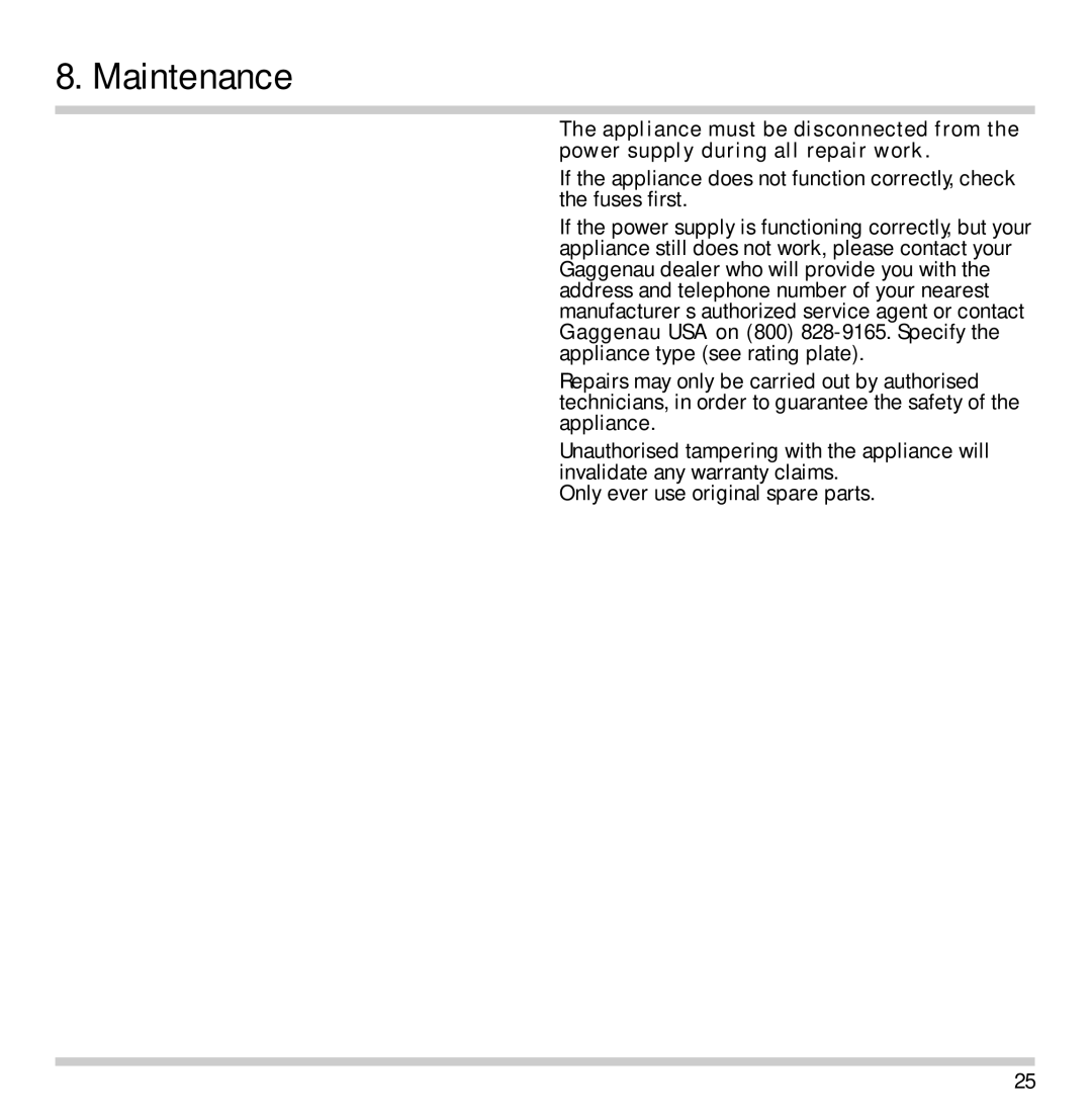 Gaggenau CK 481-6 manual Maintenance 