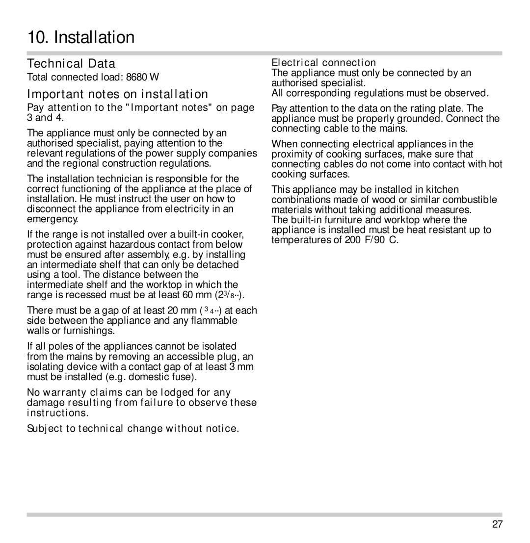 Gaggenau CK 481-6 manual Installation, Technical Data, Important notes on installation 