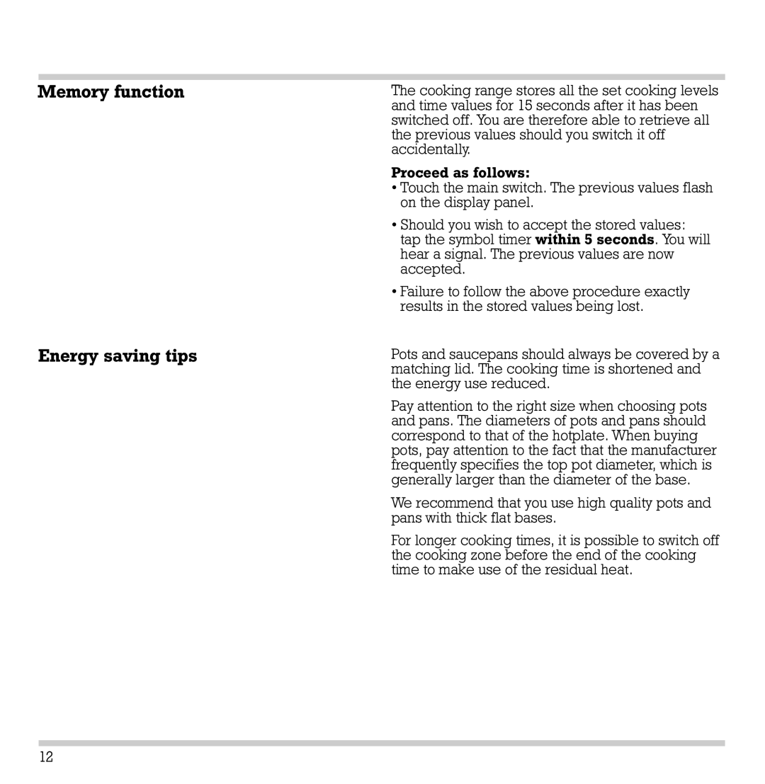 Gaggenau CK 481-6 manual Memory function Energy saving tips 