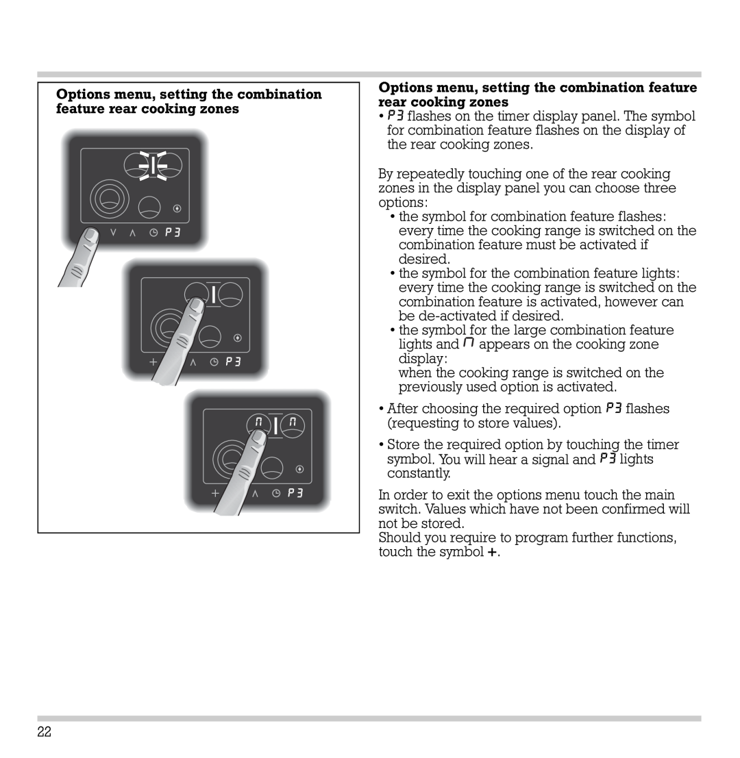 Gaggenau CK 481-6 manual Options menu, setting the combination feature rear cooking zones 