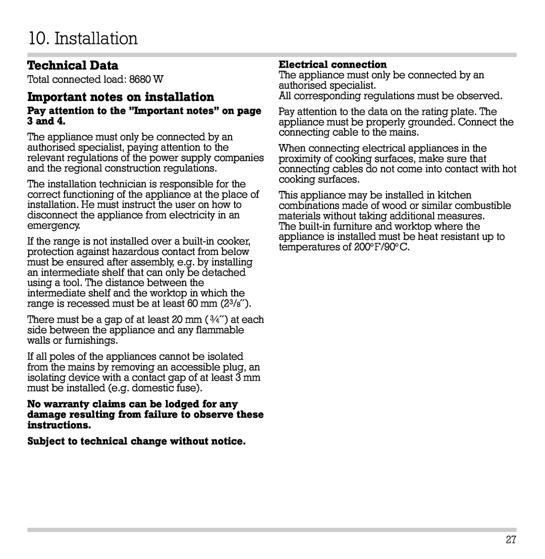 Gaggenau CK 481-6 manual Installation, Technical Data, Important notes on installation 