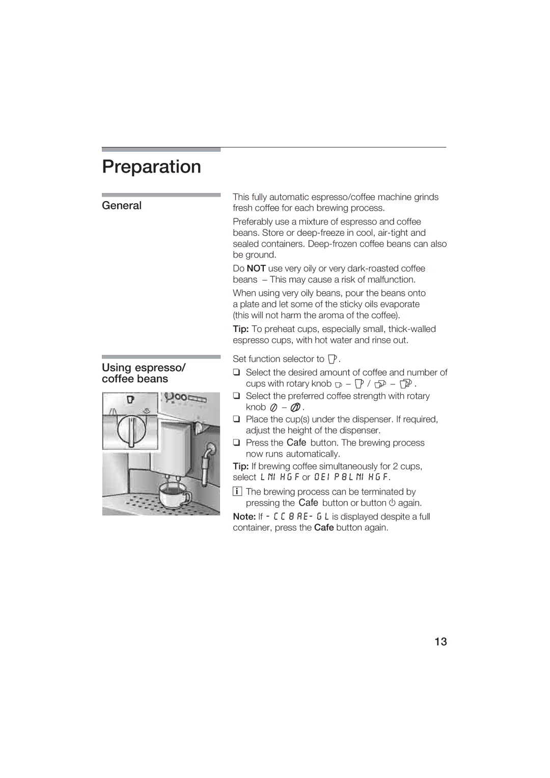 Gaggenau CM200610 manual Preparation, General Using espresso/ coffeebeans 