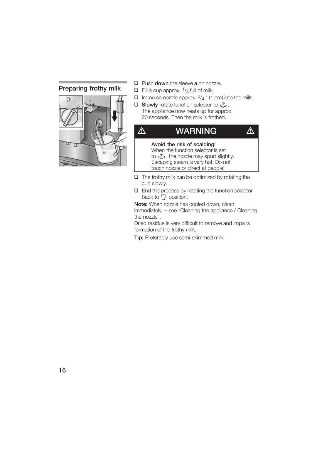 Gaggenau CM200610 manual Preparing frothy milk 