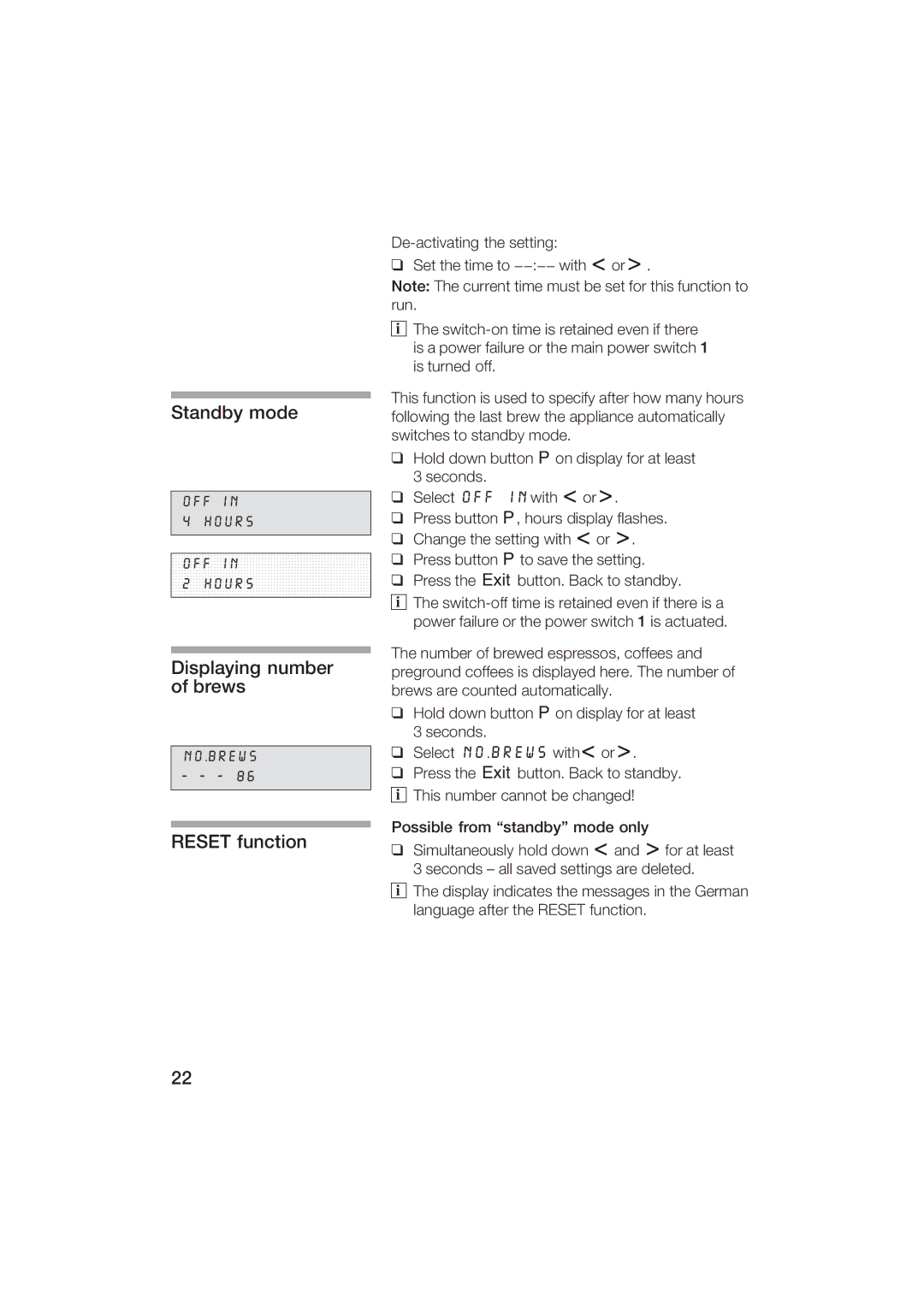 Gaggenau CM200610 manual Standby mode, Displaying number of!brews, Reset function 