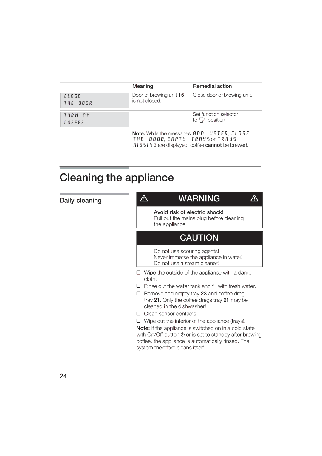 Gaggenau CM200610 manual Cleanng the applance, Daly cleanng, WATR, Clos 