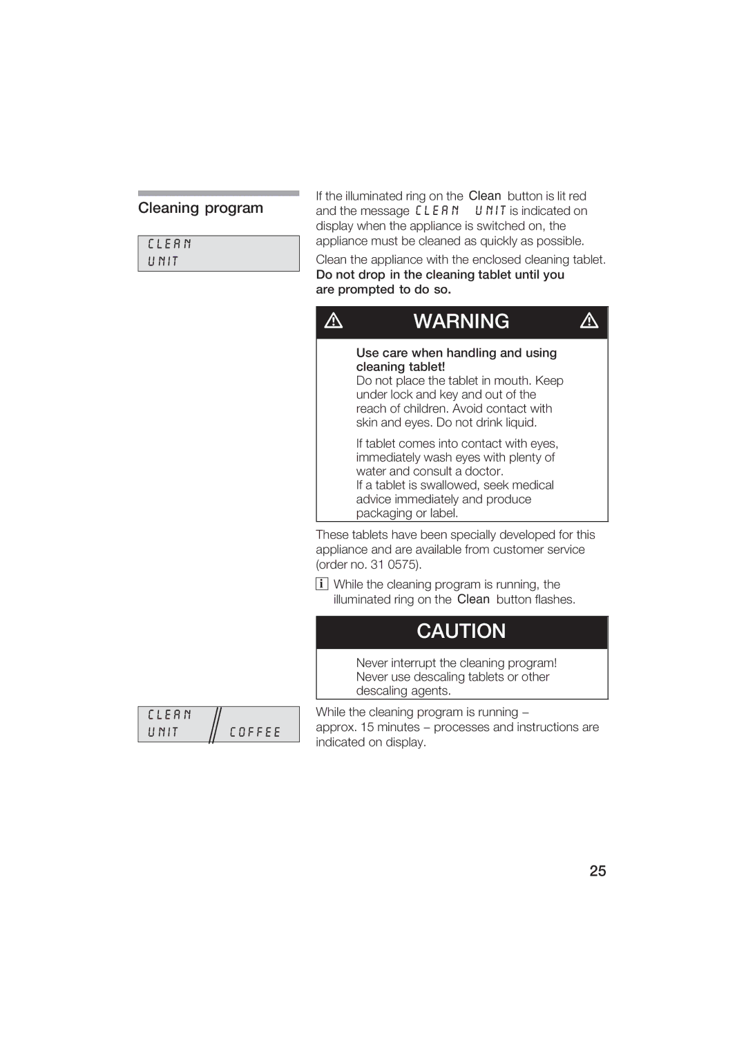 Gaggenau CM200610 manual Cleaning program, Clean Unit Unit Coffee 