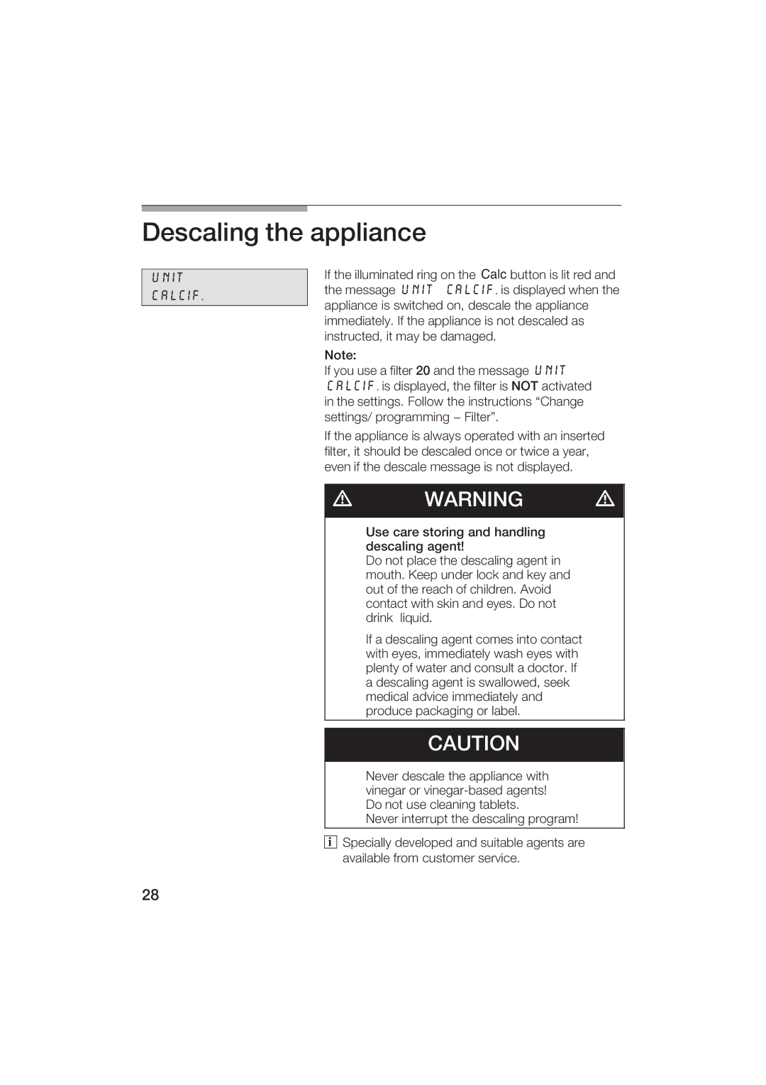 Gaggenau CM200610 manual Descaling the appliance, Unit LIF 