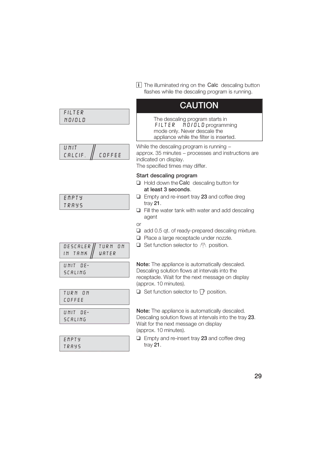 Gaggenau CM200610 manual Filter NO/OLD Unit CALCIF. Coffee Empty Trays 