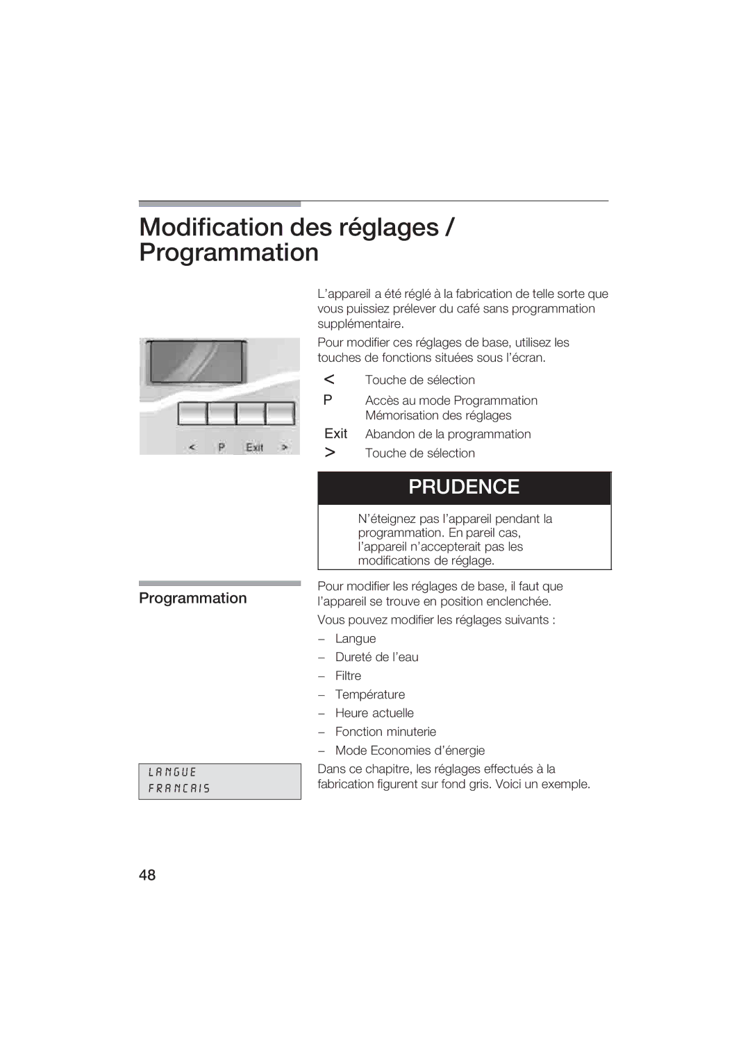 Gaggenau CM200610 manual Modification des réglages Programmation 