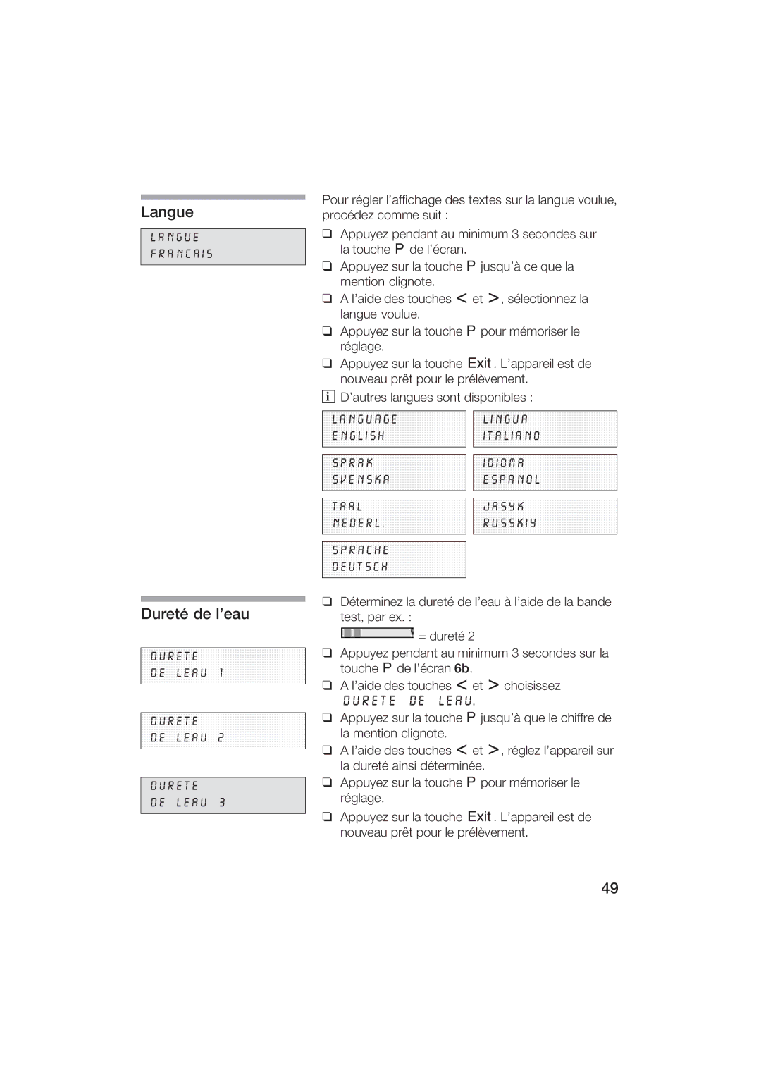 Gaggenau CM200610 manual Langue, Dureté de leau, Durete Leau 