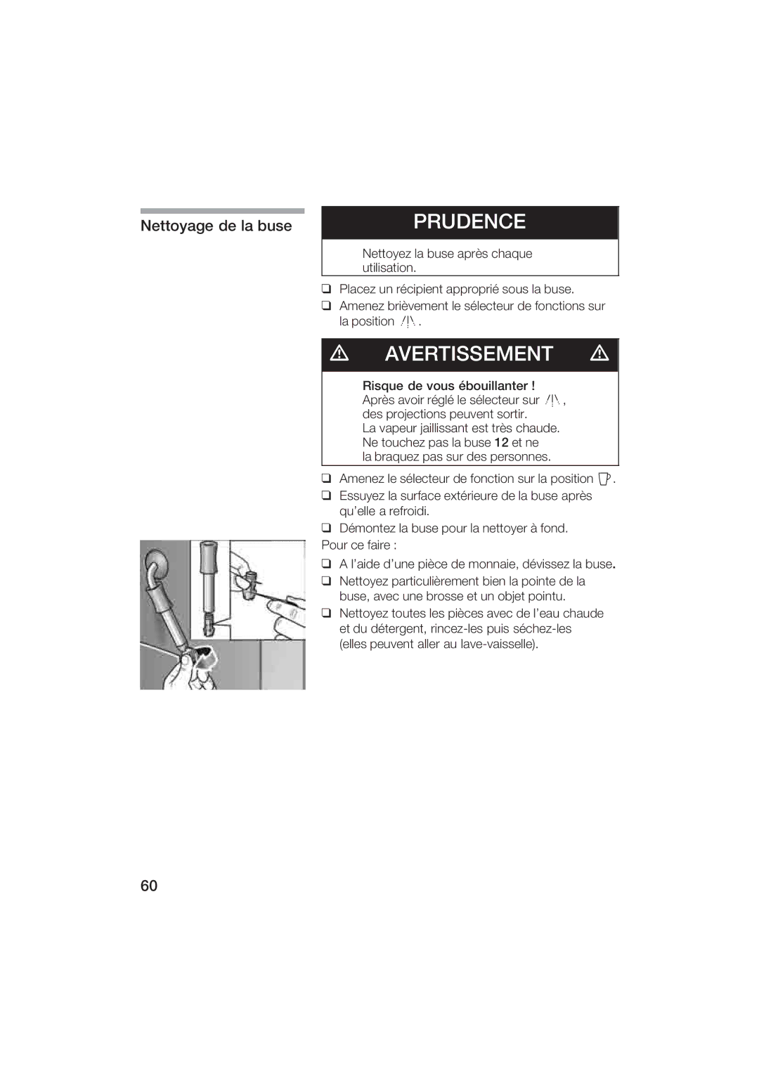 Gaggenau CM200610 manual Prudnc, Netto$age de la buse 