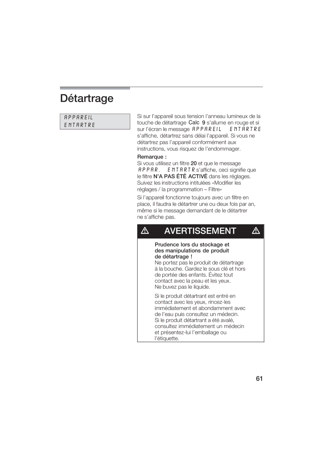 Gaggenau CM200610 manual Détartrage, Ppreil Entrtre 