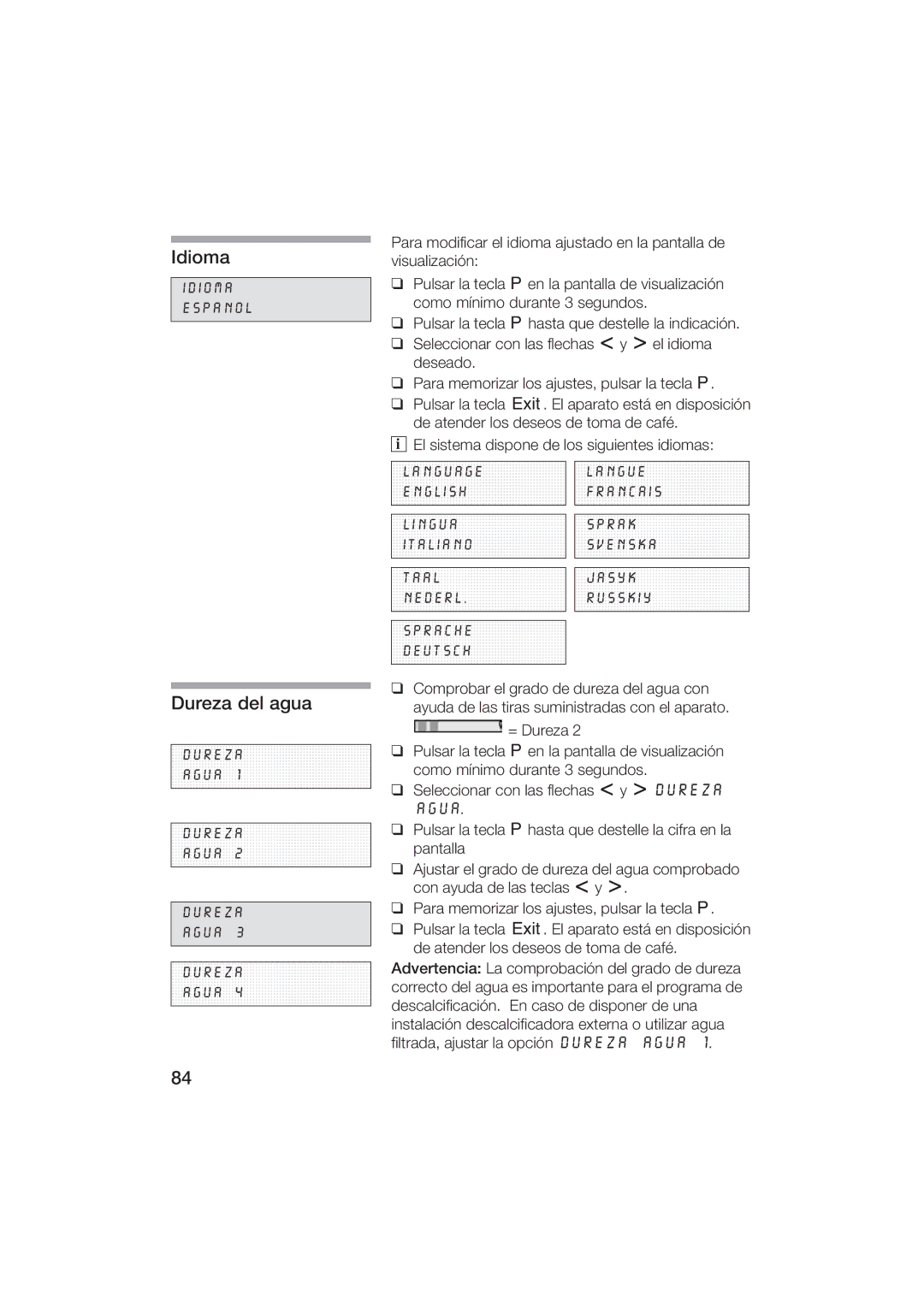 Gaggenau CM200610 manual Idioma, Dureza del agua 