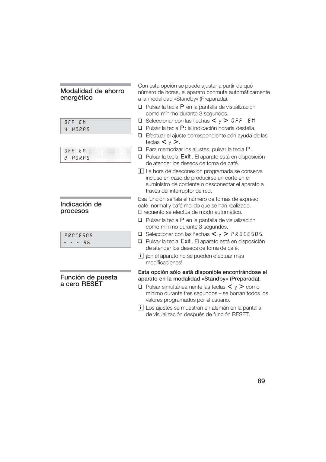 Gaggenau CM200610 manual Modalidad de ahorro energético, Indicación de procesos, Función de puesta acero Reset 