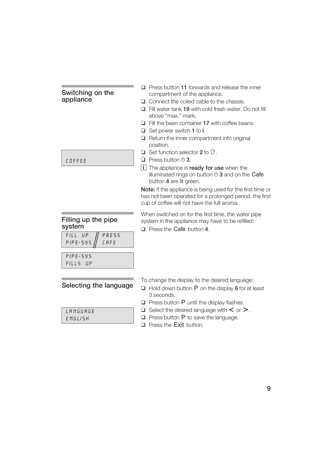 Gaggenau CM200610 manual Switching on the appliance Filling up the pipe system, Selecting Language Hold 