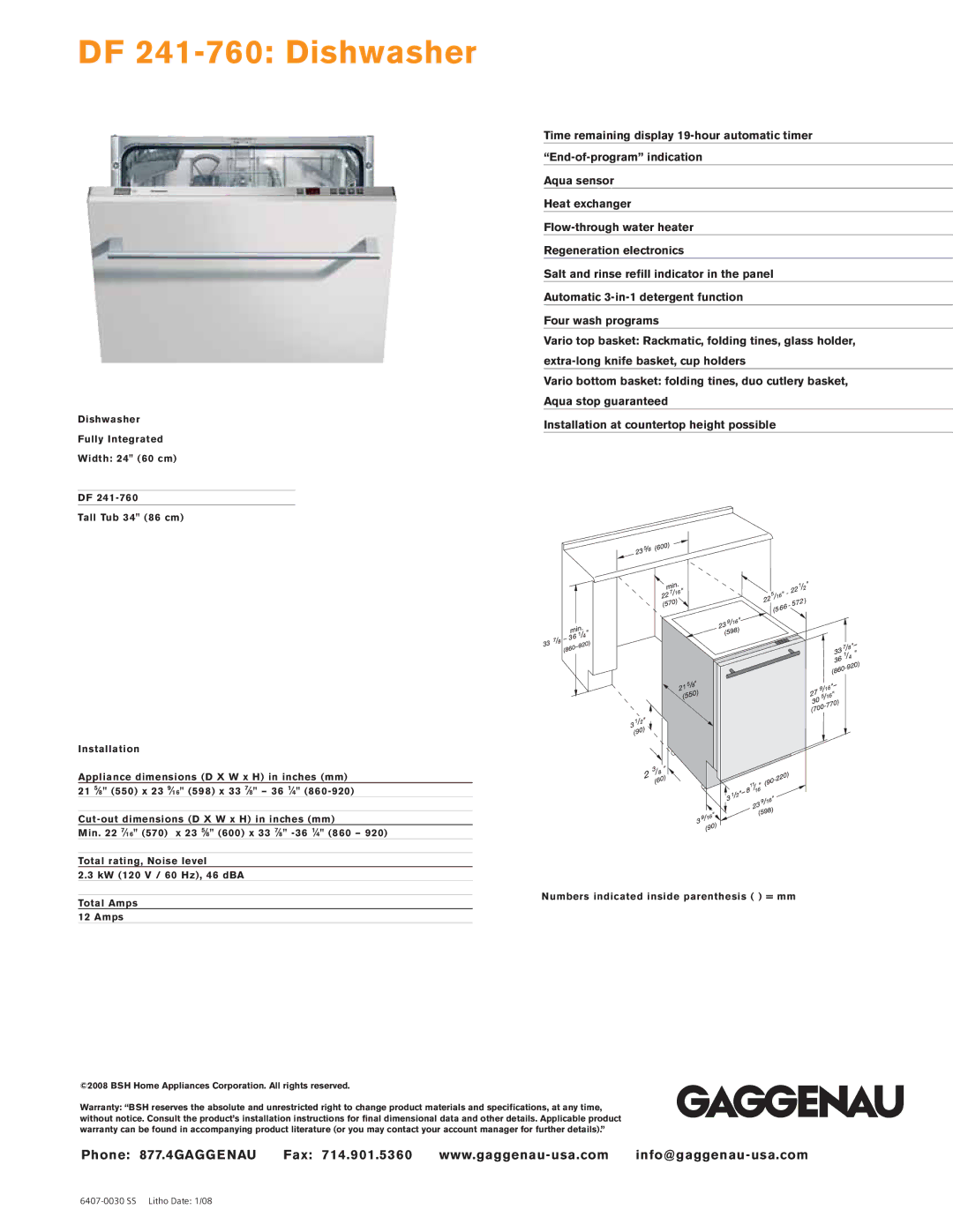 Gaggenau dimensions DF 241-760 Dishwasher, Numbers indicated inside parenthesis = mm 