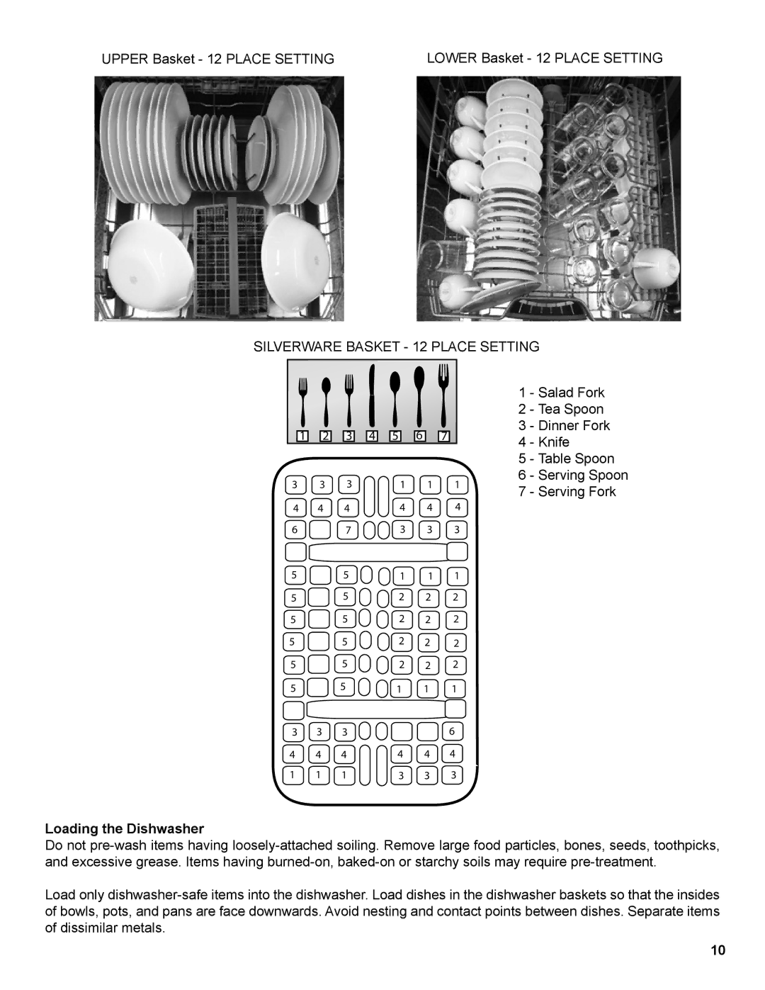 Gaggenau DF 241 manual Upper Basket 12 Place Setting Lower Basket 12 Place Setting, Silverware Basket 12 Place Setting 