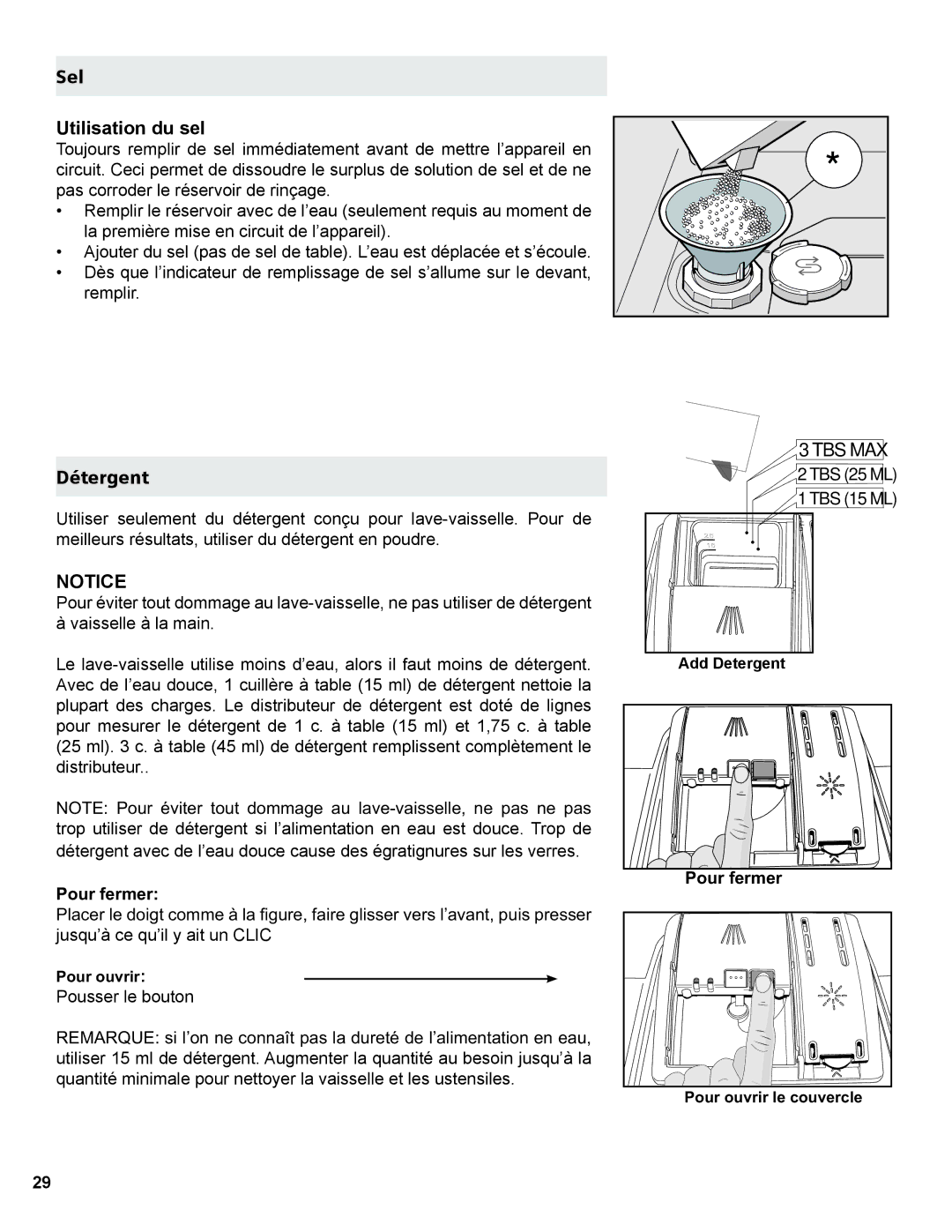 Gaggenau DF 241 manual Sel Utilisation du sel, Détergent, 3RXUIHUPHU 