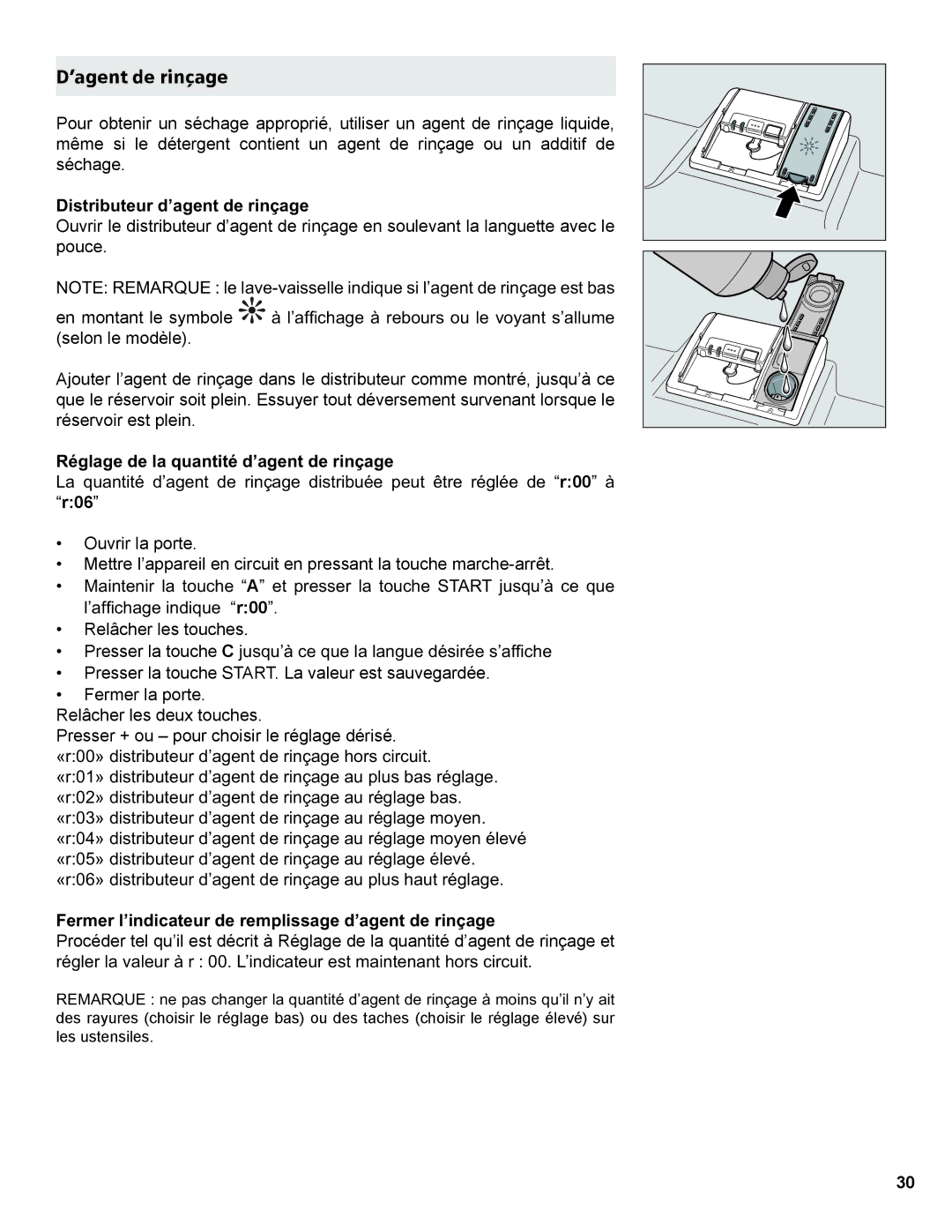 Gaggenau DF 241 manual ’agent de rinçage, LVWULEXWHXUG¶DJHQWGHULQoDJH, 5pJODJHGHODTXDQWLWpG¶DJHQWGHULQoDJH 