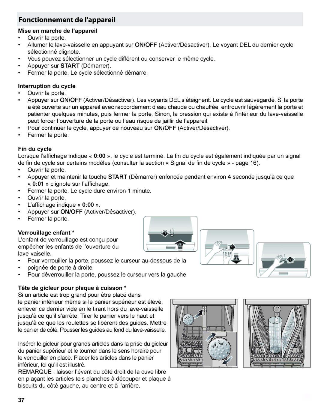 Gaggenau DF 241 manual Fonctionnement de lappareil, LqGxF\Foh, Appuyer sur ON/OFF Activer/Désactiver Fermer la porte 