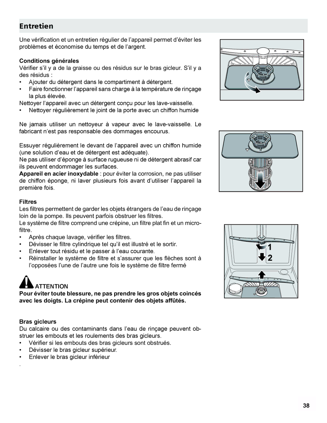 Gaggenau DF 241 manual Entretien, ‡ $SUqVFKDTXHODYDJHYpUL¿HUOHV¿OWUHV, Bras gicleurs, 3839 