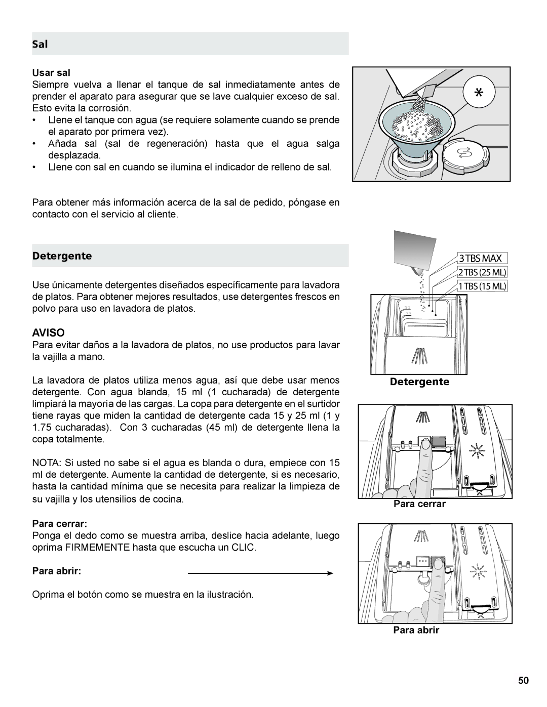 Gaggenau DF 241 manual Sal, Detergente, Usar sal, Para cerrar, 3DUDDEULU 