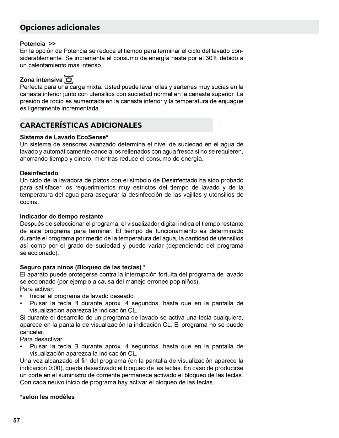 Gaggenau DF 241 manual Opciones adicionales, =RqdLqwhqvlyd, 6LVWHPDGH/DYDGRFR6HQVH, QglfdgruGhWlhpsrUhvwdqwh 